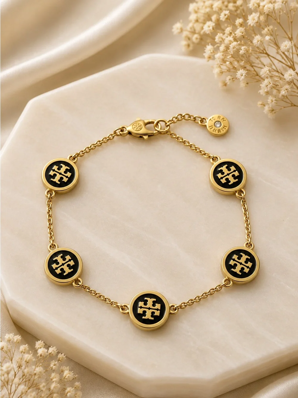 Tory Burch Gold and Black Logo Disc Bracelet